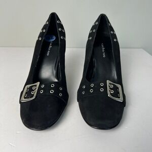 Sacha Too Buckle Grommet Pumps Womens 7.5 Black Suede Stiletto Edgy Chic